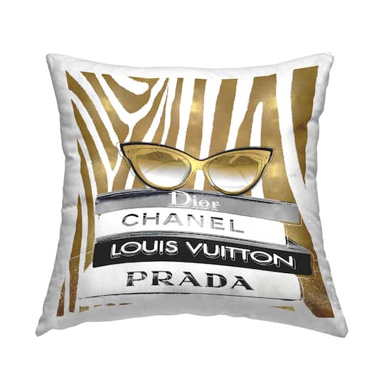 Stupell Industries Fashion Sun Glasses Designer Books Gold Zebra Pattern Throw Pillow 18" x 18"